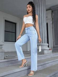 水鑽星星圖案直筒牛仔褲 - 淺色水洗藍 - 查看 4