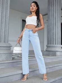 水鑽星星圖案直筒牛仔褲 - 淺色水洗藍 - 查看 5