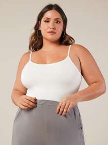 SHEIN BASICS Plus Size Women Solid Color Slim Fit Camisole Top/Summer - White - View 3