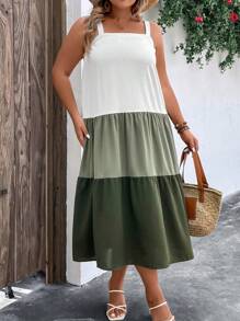 SHEIN LUNE Vestido de tirantes de color combinado bajo con fruncido - Multicolor - Ver 6