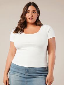 SHEIN BASICS Plus Solid Scoop Neck Tee - White - View 3