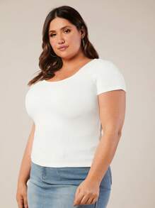 SHEIN BASICS Plus Solid Scoop Neck Tee - White - View 5