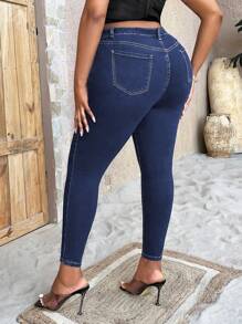 SHEIN SXY Plus Zipper Fly Skinny Jeans - Dark Wash - View 2