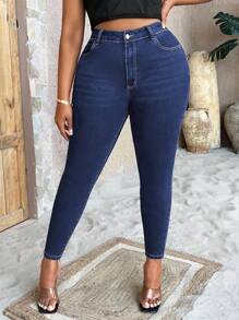 SHEIN SXY Plus Zipper Fly Skinny Jeans - Dark Wash - View 3