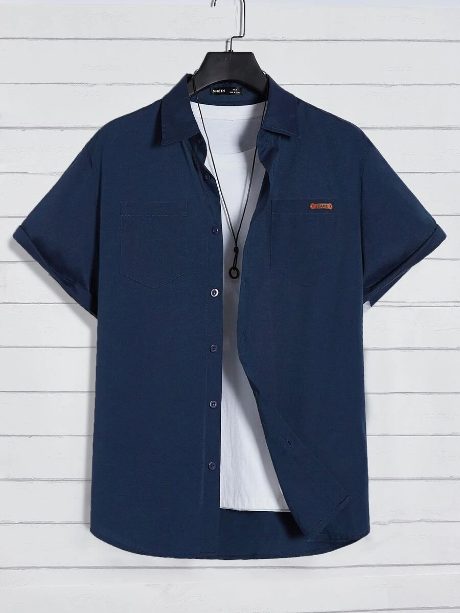 GENTILAND Men Letter Patched Detail Shirt Without Tee - Navy Blue - View 1