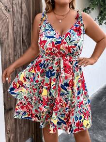 SHEIN Holidaya Vestido de tirantes con estampado floral de hombros con cordón bajo con fruncido - Multicolor - Ver 1