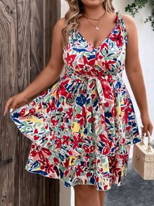 SHEIN Holidaya Vestido de tirantes con estampado floral de hombros con cordón bajo con fruncido - Multicolor - Ver 3