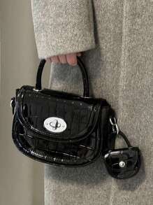 Mini Saddle Bag Crocodile Embossed Top Handle With Small Pouch - Black - View 1