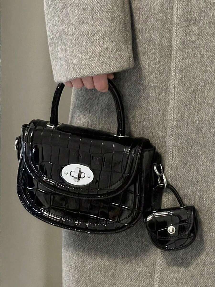 Mini Saddle Bag Crocodile Embossed Top Handle With Small Pouch - Black - View 1