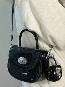 Mini Saddle Bag Crocodile Embossed Top Handle With Small Pouch - Black - View 2