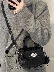 Mini Saddle Bag Crocodile Embossed Top Handle With Small Pouch - Black - View 3