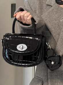 Mini Saddle Bag Crocodile Embossed Top Handle With Small Pouch - Black - View 4