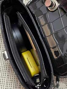 Mini Saddle Bag Crocodile Embossed Top Handle With Small Pouch - Black - View 5
