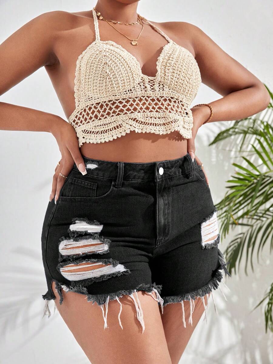 SHEIN SXY 大碼破洞毛邊牛仔短褲 - 黑色 - 查看 1