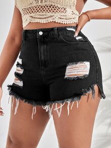 SHEIN SXY 大碼破洞毛邊牛仔短褲 - 黑色 - 查看 5