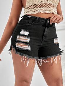 SHEIN SXY 大碼破洞毛邊牛仔短褲 - 黑色 - 查看 6