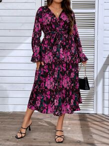 SHEIN LUNE Đầm Plus Size Thắt lưng Trọn gói Hoa Tất cả trên in Boho - Màu tím - Xem 1