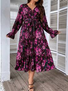 SHEIN LUNE Đầm Plus Size Thắt lưng Trọn gói Hoa Tất cả trên in Boho - Màu tím - Xem 4