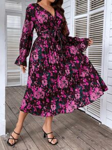 SHEIN LUNE Đầm Plus Size Thắt lưng Trọn gói Hoa Tất cả trên in Boho - Màu tím - Xem 5