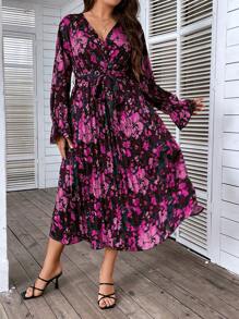 SHEIN LUNE Đầm Plus Size Thắt lưng Trọn gói Hoa Tất cả trên in Boho - Màu tím - Xem 6
