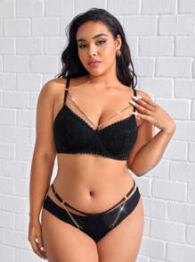 Plus Chain Linked Underwire Lingerie Set - Black - View 5