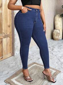 SHEIN SXY Plus Zipper Fly Skinny Jeans - Dark Wash - View 5