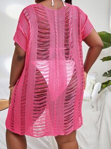 SHEIN Swim Curve Cộng với kích thước bìa cắt màu trơn - Màu Hồng Tươi - Xem 2