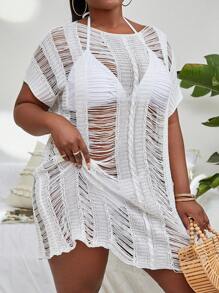 Plus Open Stitch Cover Up Dress Without Bikini - White - View 4