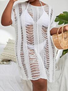 Plus Open Stitch Cover Up Dress Without Bikini - White - View 5