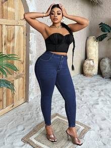 SHEIN SXY Plus Zipper Fly Skinny Jeans - Dark Wash - View 6