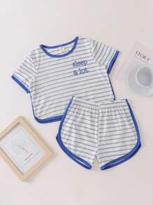 Girls Striped & Letter Graphic Contrast Binding Tee & Shorts PJ Set - White - View 1