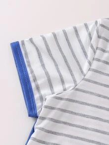 Girls Striped & Letter Graphic Contrast Binding Tee & Shorts PJ Set - White - View 3