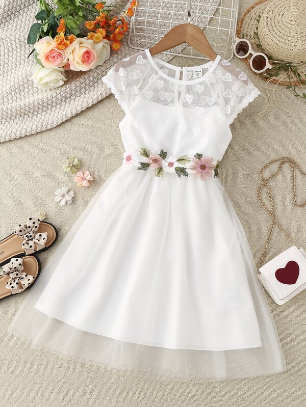 SHEIN Kids CHARMNG Girls Floral Embroidery Mesh Overlay Dress SHEIN UK