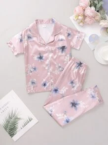 Tween Girls Purple Flower Pattern Short Sleeve Long Pants Homewear - Dusty Pink - View 1