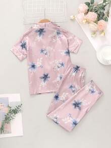 Tween Girls Purple Flower Pattern Short Sleeve Long Pants Homewear - Dusty Pink - View 2