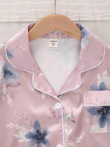 Tween Girls Purple Flower Pattern Short Sleeve Long Pants Homewear - Dusty Pink - View 4