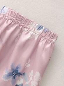 Tween Girls Purple Flower Pattern Short Sleeve Long Pants Homewear - Dusty Pink - View 5