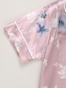 Tween Girls Purple Flower Pattern Short Sleeve Long Pants Homewear - Dusty Pink - View 6