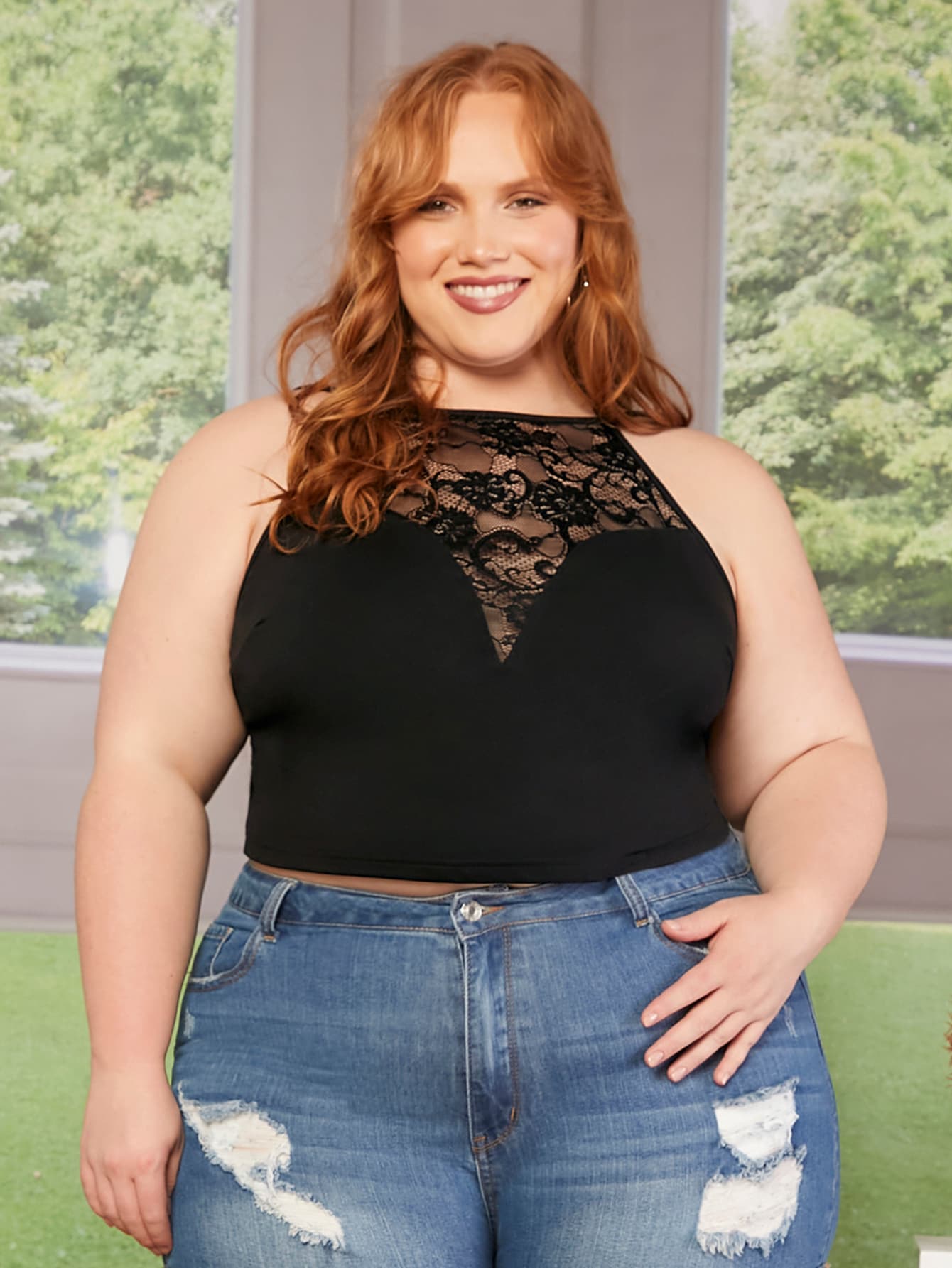 SHEIN CURVE+ Plus Lace Insert Cami Top - Black - View 1