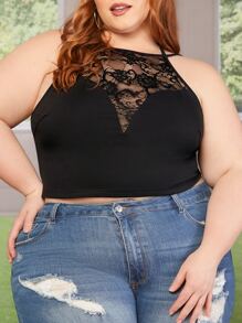 SHEIN CURVE+ Plus Lace Insert Cami Top - Black - View 4