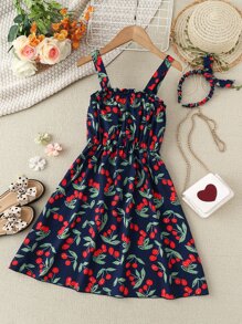 Girls Cherry Print Frill Trim Cami Dress & Accessory Headband - Navy Blue - View 1