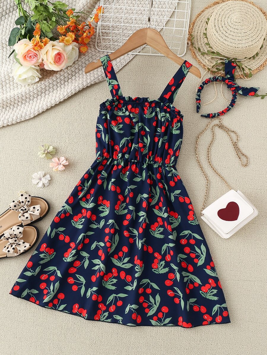 Girls Cherry Print Frill Trim Cami Dress & Accessory Headband - Navy Blue - View 1