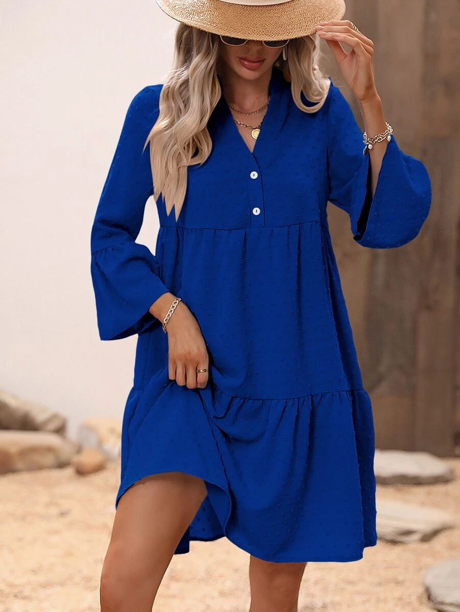 Breezaya Swiss Dot Flounce Sleeve Ruffle Hem Smock Dress - Blue - View 1