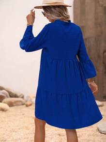 Breezaya Swiss Dot Flounce Sleeve Ruffle Hem Smock Dress - Blue - View 2