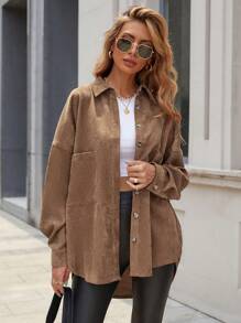 EMERY ROSE Áo khoác nữ Túi Nút phía trước màu trơn Giải trí - Màu Khaki - Xem 1