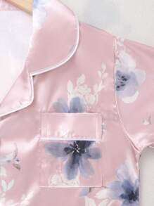 Tween Girls Purple Flower Pattern Short Sleeve Long Pants Homewear - Dusty Pink - View 7