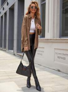 EMERY ROSE Áo khoác nữ Túi Nút phía trước màu trơn Giải trí - Màu Khaki - Xem 5