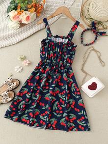 Girls Cherry Print Frill Trim Cami Dress & Accessory Headband - Navy Blue - View 2