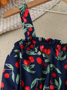 Girls Cherry Print Frill Trim Cami Dress & Accessory Headband - Navy Blue - View 4