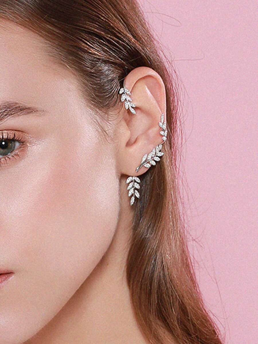 Bông tai hợp kim kẽm quyến rũ Rhinestone Lá trang trí bông tai cho phụ nữ cho bữa tiệc - Bạc - Xem 1